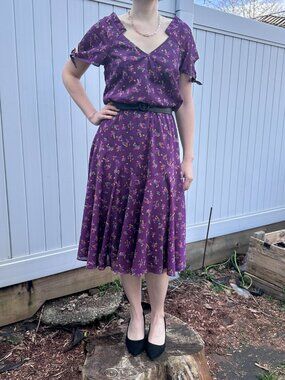 Vintage Orite Purple Floral Sheer Tie Sleeve Midi Dress